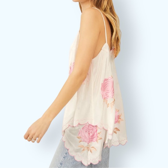 New Free People Zayda Embroidered XS S M Ivory Pink V-Neck Roses Silky Tank Top - Picture 2 of 13